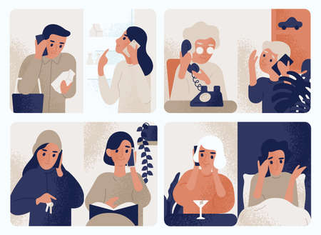Collection of people talking on mobile phone. Bundle of men and women communicating through...
