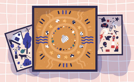 Sandboxes, trays or boxes with sand and miniature toy figures. Sandplay therapy, psychotherapeutic...