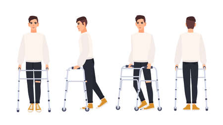 Smiling young man with walking frame or walker isolated on white background. Male character with physical disability or impairment. Front, side, back views. Vector illustration in flat cartoon styleのイラスト素材
