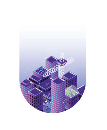 Urban landscape or cityscape with buildings or skyscrapers and crane inside drop or blob. City development and construction, real estate. Modern design element. Colored isometric vector illustrationのイラスト素材