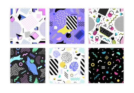 Collection of seamless patterns with leaves, geometric shapes, stripes and zigzag lines, pineapples....