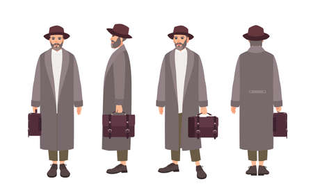 Bearded man wearing elegant coat, hat and holding briefcase. Funny male cartoon character isolated on white background. Front, side and back views. Colorful vector illustration in flat styleのイラスト素材