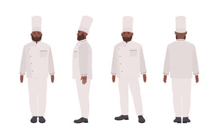 African American chef, qualified cook, restaurant or culinary worker wearing uniform. Male cartoon character isolated on white background. Front, side, back views. Vector illustration in flat styleのイラスト素材