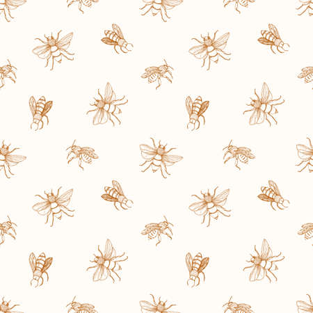 Seamless pattern with honey bees drawn with contour lines on light background. Apiculture or beekeeping backdrop. Monochrome vector illustration in elegant antique style for wrapping paper, wallpaper.の写真素材