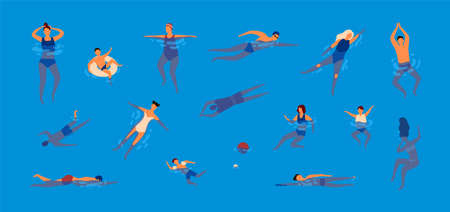 Collection of people dressed in swimwear in swimming pool. Bundle of men and women in swimsuits performing water activities. Set of swimmers. Colorful vector illustration in flat cartoon style.の写真素材