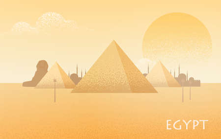 Beautiful Egypt desert landscape with silhouettes of Giza pyramid complex, statue of Great Sphinx, traditional buildings and large scorching sun on background. Colorful flat vector illustration.の写真素材