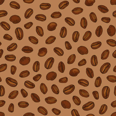 Elegant seamless pattern with roasted coffee seeds or beans scattered on brown background. Realistic hand drawn vector illustration in vintage style for textile print, wrapping paper, wallpaper.の写真素材
