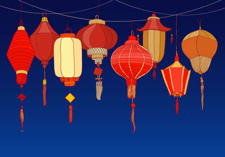 Decorative background with Chinese red paper street lanterns of various shapes and sizes. Backdrop with beautiful traditional Asian festival decorations. Colorful realistic vector illustration.の写真素材