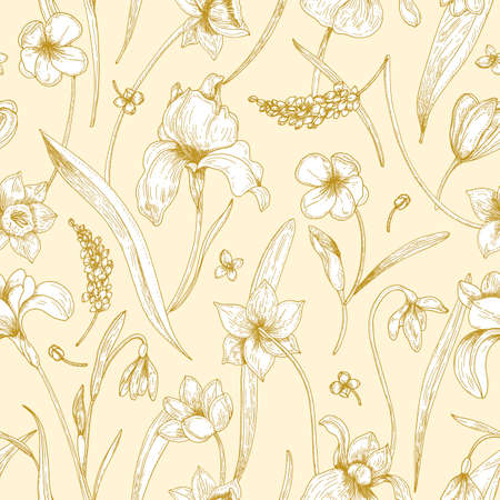 Monochrome seamless pattern with spring tender blooming flowers drawn with outlines on yellow background. Backdrop with garden flowering plants. Natural romantic vector illustration for wallpaperのイラスト素材