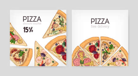 Bundle of square discount voucher templates for Italian restaurant with delicious pizza cut in slices on white background. Colorful realistic vector illustration for advertisement, promotionのイラスト素材