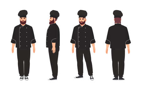 Chef, qualified cook, professional restaurant or kitchen worker wearing black uniform and toque. Male cartoon character isolated on white background. Front, side, back views. Flat vector illustrationのイラスト素材
