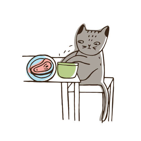 Adorable cat stealing food from plate lying on table and eating it. Funny naughty kitty isolated on white background. Problematic behavior of domestic animal. Colorful hand drawn vector illustrationのイラスト素材