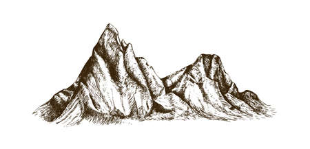 Mountain ridge or range hand drawn with contour lines on white background. Elegant vintage drawing of rocky cliff, peak or natural relief. Monochrome vector illustration in retro engraving styleのイラスト素材