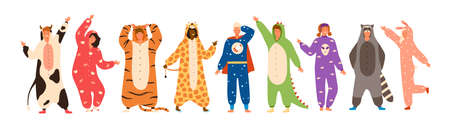 Bundle of men and women dressed representing various animals and characters. Set of people wearing jumpsuits or kigurumi isolated on white background. Flat cartoon vector illustration.のイラスト素材