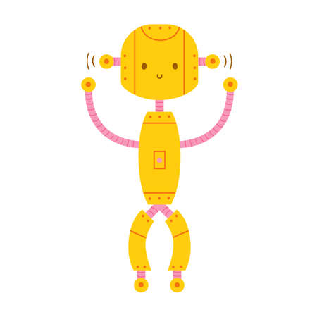 Cute adorable smiling robot isolated on white background. Funny happy toy cyborg, electronic monster, artificial mechanical creature. Modern childish vector illustration in flat cartoon style.のイラスト素材