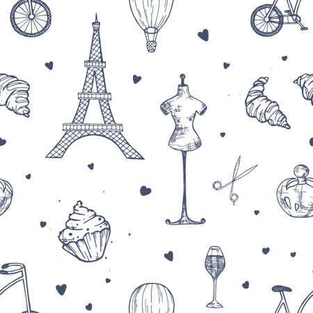 Hand drawn seamless pattern with Paris and France symbols - french perfume, bicycle, croissant, Eiffel Tower, mannequin, air balloon on white background. Vector illustration for wrapping paperのイラスト素材