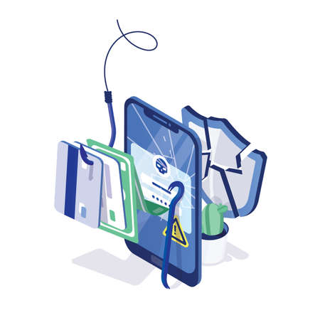 Cracked smartphone, credit cards and money on fishing hook and broken or shattered protective shield. Phishing, internet fraud, online security. Modern colorful isometric vector illustrationのイラスト素材