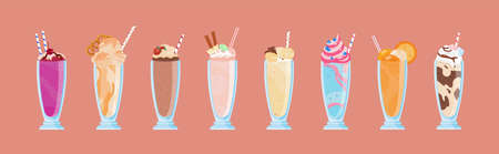 Collection of delicious milkshakes in glasses with straws. Bundle of sweet cold tasty beverages...