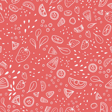 Monochrome seamless pattern with pieces of delicious organic exotic fruits and berries drawn with...