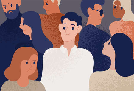 Happy and satisfied young man surrounded by depressed, unhappy, sad and angry people. Smiling person in crowd. Funny cheerful guy and society. Colorful vector illustration in flat cartoon styleのイラスト素材