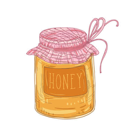 Elegant drawing of glass jar of delicious organic honey isolated on white background. Sweet healthy product, tasty wholesome dessert. Colored hand drawn realistic vector illustration in vintage style.の写真素材