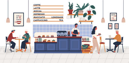 Coffeehouse, coffee shop or cafe with people sitting at tables, drinking coffee and working on laptops and barista standing at counter. Colorful vector illustration in trendy flat cartoon styleのイラスト素材
