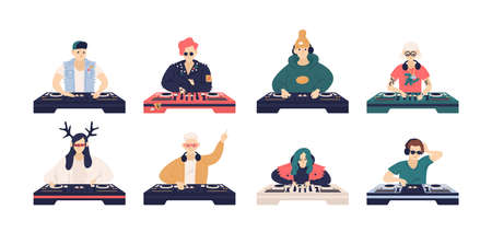 Collection of male and female DJ's isolated on white background. Bundle of cute funny disc jockeys...