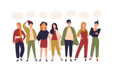 Young men and women standing together in row and speech bubbles isolated on white background....