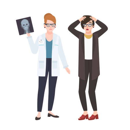 Angry female doctor or surgeon demonstrating X-ray to scared patient isolated on white background. Physician revealing diagnosis to young woman. Colorful vector illustration in flat cartoon styleのイラスト素材