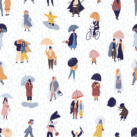 Seamless pattern with people walking under umbrella on autumn rainy day. Backdrop with men and women under rain, rainfall or shower. Colorful vector illustration in flat style for textile printのイラスト素材
