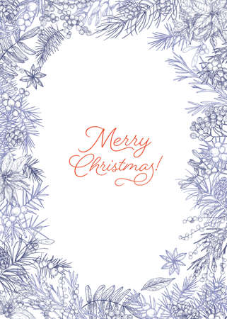 Vertical Christmas postcard template decorated by frame made of branches and cones of conifers, berries and leaves of seasonal plants hand drawn with contour lines. Monochrome vector illustrationのイラスト素材