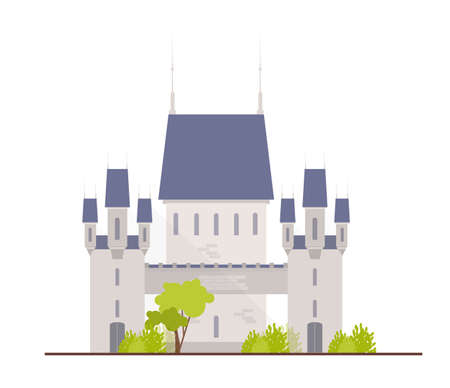 Beautiful medieval castle, fortress, citadel or stronghold isolated on white background. Facade of royal residence or ancient historical building. Colorful vector illustration in flat cartoon style.のイラスト素材