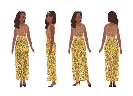 Young woman in stylish evening sequin dress and with elegant hairstyle. Charming female cartoon character dressed for formal occasion. Front, side, back views. Flat colorful vector illustrationのイラスト素材
