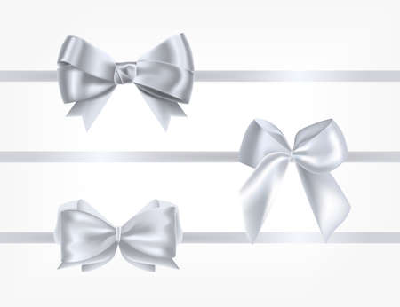 Collection of silk silver ribbons decorated with bows. Bundle of glossy decorative design elements. Set of holiday present decorations isolated on white background. Realistic vector illustrationのイラスト素材