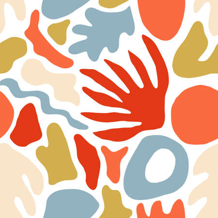 Decorative seamless pattern with unusual red and blue shapes or marks on white background. Creative bright colored vector illustration in flat style for wrapping paper, wallpaper, fabric printのイラスト素材