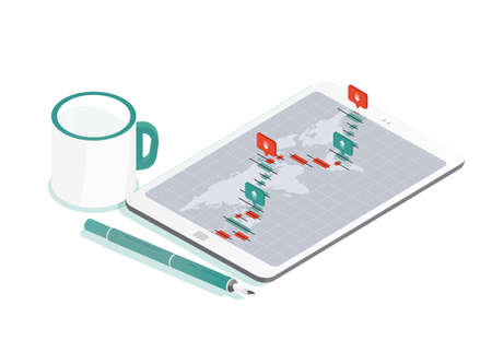 Decorative composition with tablet PC and world map, international exchange market rate graph or Forex currency trading indicators on screen, pen, cup of coffee. Isometric vector illustrationのイラスト素材