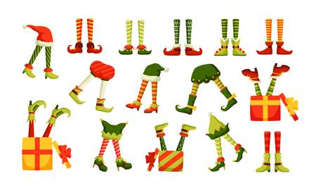 Bundle of legs of Christmas elves sticking out of hats and gift boxes isolated on white background. Set of funny holiday design elements. Colorful festive vector illustration in flat cartoon styleのイラスト素材