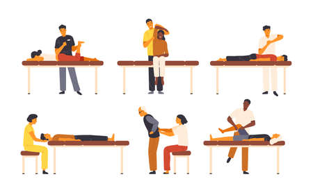 Collection of osteopaths performing treatment manipulations or massaging their patients. Set of specialists in osteopathy, chiropractic or manual therapy. Vector illustration in flat cartoon styleのイラスト素材
