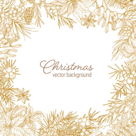 Vintage frame made of coniferous branches and cones, poinsettia leaves, juniper and mistletoe berries hand drawn with contour lines on white background and Merry Christmas wish. Vector illustrationのイラスト素材