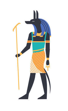 Anubis - god of afterlife, patron, deity or mythological creature with wolf or jackal head holding ankh symbol. Mythology and religion of ancient Egypt. Colorful vector illustration in flat styleのイラスト素材