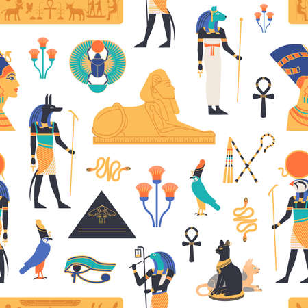 Seamless pattern with gods, deities and mythological creatures from ancient Egyptian mythology and...