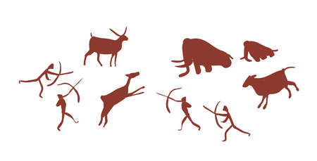 Parietal art or cave painting depicting group or tribe of Stone age people or hunters hunting deers and mammoths. Silhouettes of prehistoric men attacking wild animals. Flat vector illustrationのイラスト素材