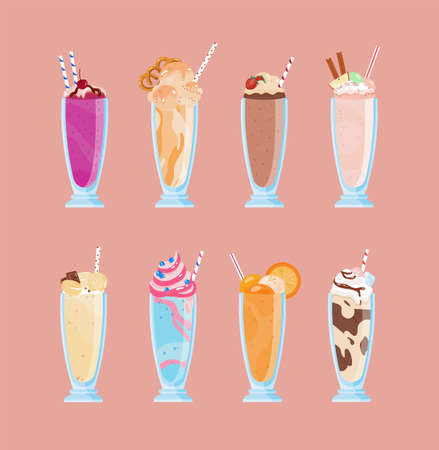 Bundle of tasty milkshakes in glasses with straws. Collection of creamy delicious cocktails decorated with fruits, berries, sprinkles, chocolate syrup. Set of dessert drinks. Flat vector illustrationのイラスト素材
