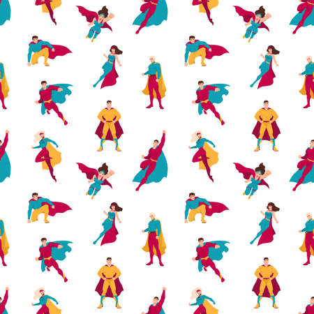 Seamless pattern with superheroes or men and women with super powers. Backdrop with supermen and superwomen on white background. Flat cartoon vector illustration for wrapping paper, textile print.のイラスト素材
