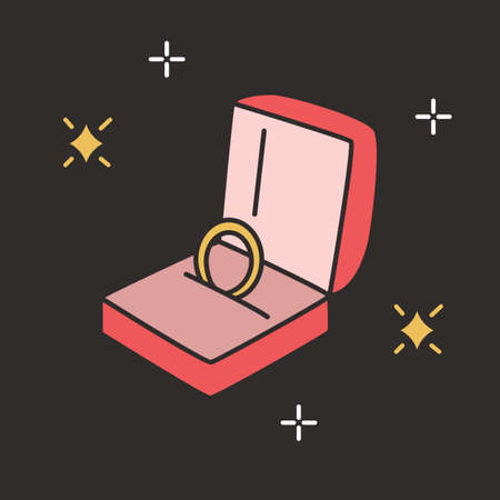 Golden engagement ring in open box on black background. Elegant jewelry or beautiful accessory for marriage proposal and wedding ceremony. Expensive luxury romantic gift. Colorful vector illustrationのイラスト素材