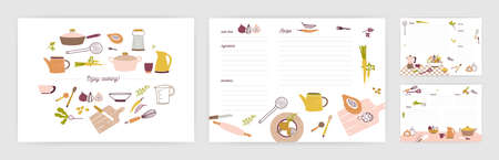 Bundle of recipe card templates for making notes about preparation of food and cooking ingredients. Clean cookbook pages decorated with colorful kitchen utensils and vegetables. Vector illustrationのイラスト素材
