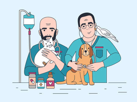 Pair of smiling veterinarians holding cat, dog and parrot. Happy vets with pets. Doctors working in...