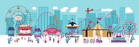 Amusement park with various attractions, circus, ferris wheel, carousel, roller coaster, kiosks with candies and ice cream. City area for recreation and entertainment. Flat vector illustrationのイラスト素材