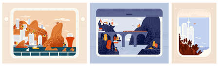 Collection of train, aircraft or ship window views on beautiful cities, urban landscapes. Around the...