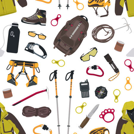 Seamless pattern with mountaineering and touristic equipment, tools for mountain climbing, clothing on white background. Colorful flat vector illustration for wrapping paper, wallpaper, textile printのイラスト素材